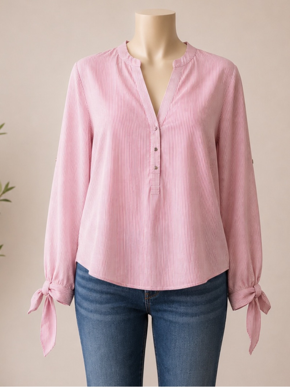 Ivanka Trump Women's Pink & White Striped Tie-Sleeve Henley Blouse